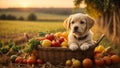 The little Labrador puppy in a basket with vegetables