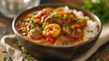 A rich and hearty gumbo, a Southern specialty, brimming with seafood, sausage, and okra, served over rice