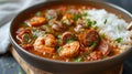 A rich and hearty gumbo, a Southern specialty, brimming with seafood, sausage, and okra, served over rice