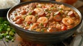 A rich and hearty gumbo, a Southern specialty, brimming with seafood, sausage, and okra, served over rice