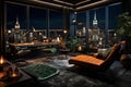 Rich home office interior at night, dark modern apartment in skyscraper with city view. Stylish luxury room design with green Royalty Free Stock Photo