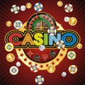 Casino poster on a red abstract background. With rainbow neon lettering.
