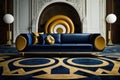 Rich leather couches form a regal frame around a vibrant carpet of gold and navy oozing luxurious sophistication