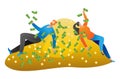 Rich lovely couple lying on pile gold coin, people character together relaxing squander money cartoon vector