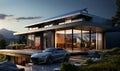 Rich luxury car and modern house.Generic electric vehicle EV hybrid. modern low energy suburban house, Royalty Free Stock Photo