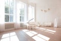 Rich luxury interior of a classic style room with vintage furniture, big windows, mirror, chandeliers and grand piano. Royalty Free Stock Photo