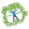 Rich male lying floor money angel, large amount cash dollar, wasteful lifestyle flat vector illustration, isolated on
