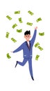 Rich man. Happy young businessman or millionair character under finance rain vector money concept