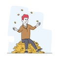 Rich Man Juggling with Gold Coins Sitting on Pile of Golden Bars. Successful Businessman, Investor or Lottery Winner Royalty Free Stock Photo