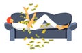 Rich man laying on sofa throwing money up vector