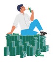 Rich man setting fire to dollar bill, sitting on cash money stack, flat vector illustration. Financial success, wealth. Royalty Free Stock Photo