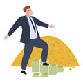 Rich man standing on stack of cash money dollar with golden coins pile vector flat illustration