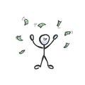 Rich man throwing money. Wealthy person. Success. Hand drawn. Stickman cartoon. Doodle sketch, Vector graphic illustration Royalty Free Stock Photo