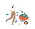 Rich Millionaire Businesswoman Character with Money Wheelbarrow Full of Gold Coins and Dollars. Business Growth, Wealth