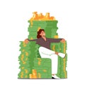 Rich Millionaire Businesswoman Character Sitting on Throne made of Money Stacks, Gold Coins and Dollars. Business Growth