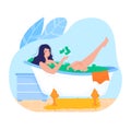 Rich millionaire, dollar bath, success beautiful girl, spa bathing, isolated on white, design, flat style vector