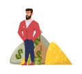 Rich millionaire. Relaxed businessman or wealthy entrepreneur in suit with money pile vector flat concept