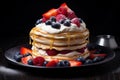 Rich Pancakes cream fruits chocolate. Generate Ai