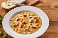 Rich pea soup with sliced bockwurst sausage Royalty Free Stock Photo