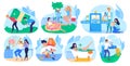 Rich people bathing in money, millionaire cartoon character, set of funny concepts, vector illustration