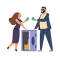 Rich people. Cartoon happy man and woman with metal safe full of money. Storage of gold bars and cash. Profitable