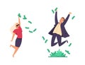 Rich people. Cartoon millionaires throwing banknotes and jumping. Flying paper money. Happy man and woman won lottery