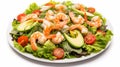 Rich plate of salad from green leaves mix and vegetables with avocado or eggs, shrimps generative ai Royalty Free Stock Photo