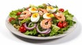 Rich plate of salad from green leaves mix and vegetables with avocado or eggs, shrimps generative ai Royalty Free Stock Photo