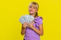 Rich pleased girl child kid waving money dollar cash bills, success, lottery winner, income, wealth Royalty Free Stock Photo