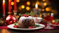 Rich plum pudding on the holiday table