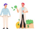 Rich and poor people cartoon men without money. Guy with empty pockets and successful millionaire