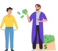 Rich and poor people cartoon men without money. Guy with empty pockets and successful millionaire