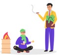 Rich and poor people cartoon men without money. Guy homeless beggar and successful millionaire Royalty Free Stock Photo