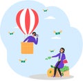 Rich and poor people concept. Man in hot air balloon looks at rich woman with envy, flying banknotes