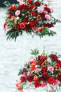 Rich red bouquets of roses, peonies and ranunculus