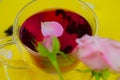 Rich red tea in a transparent mug, to which a rose petal floats, stands on a yellow background surrounded by roses Royalty Free Stock Photo