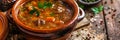 Rich Rustic Soup in Clay Pot, Hot Beef Broth, Meat Bouillon with Greenery Spices in Ceramic Cookware