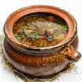Rich Rustic Soup in Clay Pot, Hot Beef Broth, Meat Bouillon with Greenery Spices in Ceramic Cookware