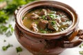 Rich Rustic Soup in Clay Pot, Hot Beef Broth, Meat Bouillon with Greenery Spices in Ceramic Cookware