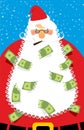 Rich Santa Claus. Many money in his beard. Santa brought Us doll