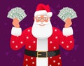 Rich Santa with money. Santa Claus in a beautiful suit with snowflakes holds cash dollars in his hands.