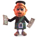 Rich Scottish man in kilt holding wads of US dollar bills, 3d illustration