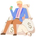 Rich successful businessman sitting on pile of money bags with dollars. Business success concept Royalty Free Stock Photo