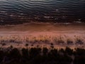 Rich sunset colors of Baltic beach and waves aerial top view