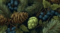 A Rich Tapestry of Nature Featuring Pine Cones, Hops, and Berries in a Lush Greenery Composition with Dark Background Royalty Free Stock Photo