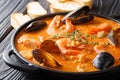 The rich taste of seafood Suquet de Peix soup with potatoes, her Royalty Free Stock Photo