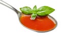 Rich tomato soup on a silver spoon with a fresh basil leaf, isolated on white Royalty Free Stock Photo