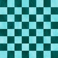 Rich turquoise and light teal checkered chess board background. Polished marbled stone textured squares. Seamless.