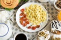 A rich and varied breakfast. Flat lay. Royalty Free Stock Photo