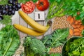 rich veg iron foods as broccoli, grapes, banane, Greenpeace, almond, tomato, kale, oats, parsley and soya seeds. Royalty Free Stock Photo